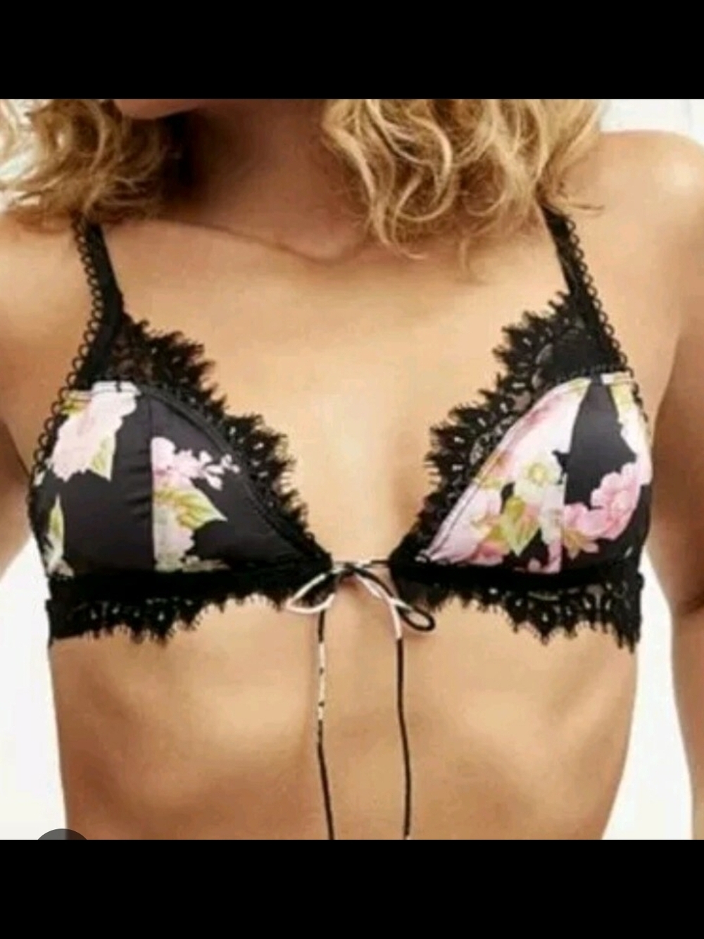 For Love & Lemons Black Bralette Set Pink Floral Panels and Lace Trim